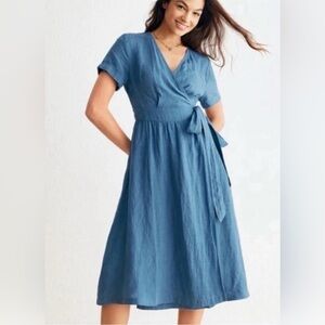 Wrap-Front Midi Dress in Dusty Blue with Tie Waist
